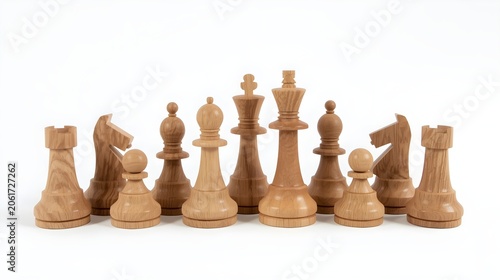 Set of Wooden Chess Oieces Lined Up in a Row Isolated on White Background