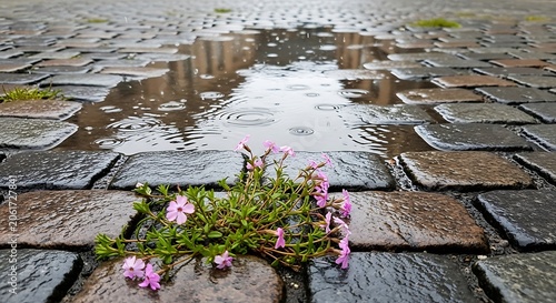 Small wild flowers growing through wet cobblestone street illustration