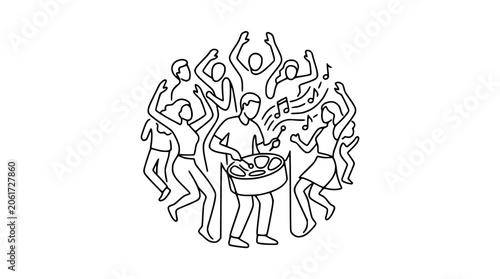 Foto Caribbean Steel Drum Band Playing Music with Dancing People