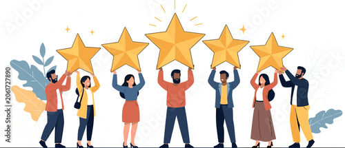 Fotografie Customer Satisfaction and Five Star Rating Concept with Diverse Group of People
