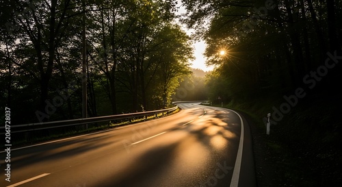 Winding asphalt road through a beautiful green summer forest illustration