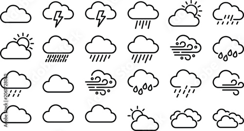 Cuadro en lienzo Weather Forecast Cloud Icon Vector Set with Outline Line Art Rain Thunderstorm W