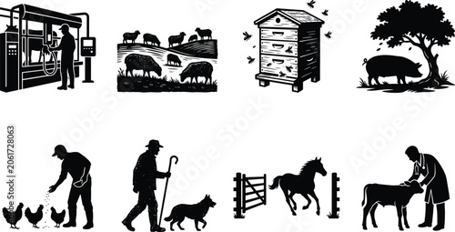 Fotografie Agriculture and livestock farming black vector silhouette icons set featuring ca
