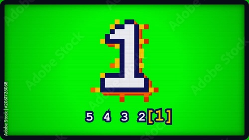 Countdown timer displaying pixelated 8 bit numbers on retro green screen monitor background