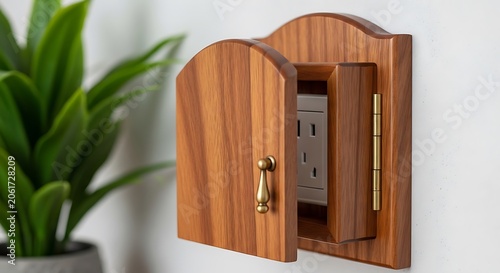 Small wooden door covering an electrical wall outlet illustration