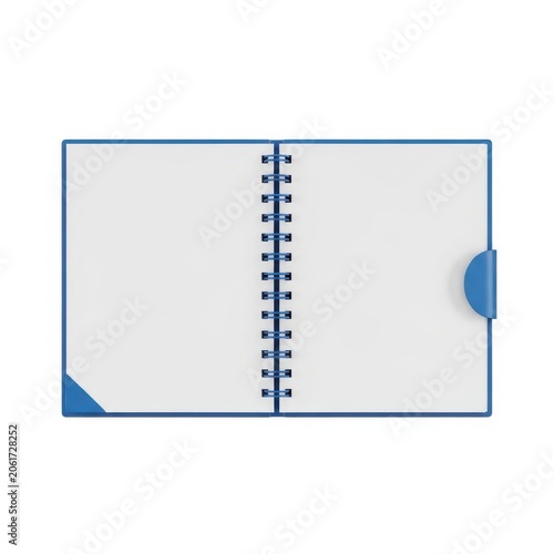A blank spiral-bound notebook with blue accents and a corner tab.