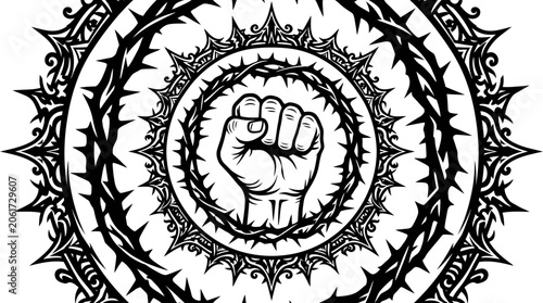 Fotografie A clenched fist surrounded by barbed wire and thorns in a circular design