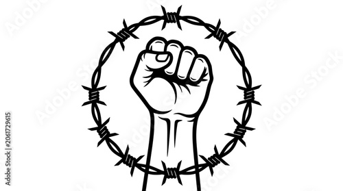 Obraz na płótnie A raised fist surrounded by barbed wire.