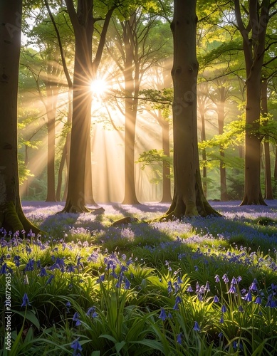 A serene forest scene with sunbeams filtering through trees, illuminating blue flowers