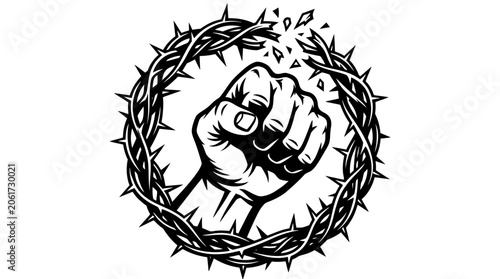 A clenched fist surrounded by thorns.