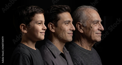Side view profile of three generations of hispanic men