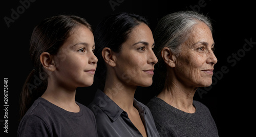 Side view profile of three generations of hispanic women