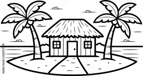 Fotografija Tropical island hut with palm trees on sandy beach