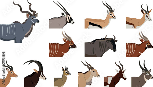 Canvas Print Flat design African antelope profile portraits icon set featuring kudu oryx gaze