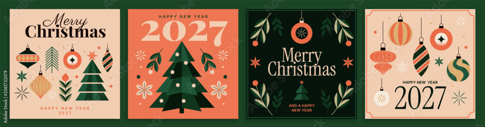 Fototapeta premium Vector set of retro Christmas and New Year 2027 posters with festive tree, ornaments, baubles, holly branches and holiday typography for greeting cards and winter celebration