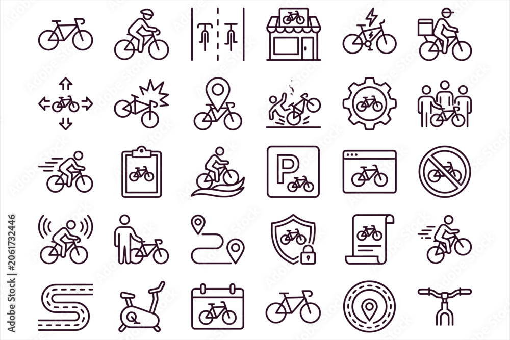 Fototapeta premium Collection of 30 black line icons depicting cycling-related symbols and signs for urban mobility and transportation design
