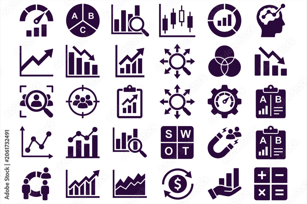 Fototapeta premium Collection of 24 modern business and finance vector icons set featuring growth charts analytics SWOT strategy and teamwork concepts in monochrome style