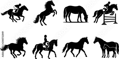 Bild auf Leinwand Horse silhouettes collection featuring galloping, rearing, grazing, jumping, tro