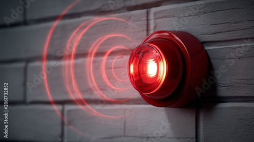 Minimal emergency warning scene with a red alarm siren glowing on a white brick wall, circular red alert waves expanding from the device, strong safety and evacuation concept, clea