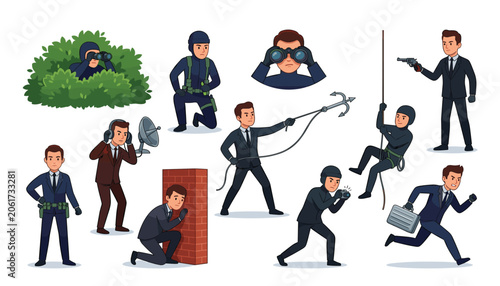Secret agent spy cartoon character vector icon set. Detective, binoculars, grapple hook, briefcase, weapon, rappelling, surveillance and undercover.