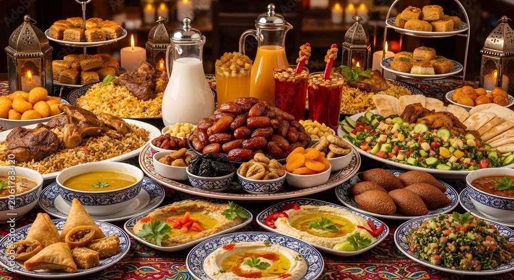 Obraz premium Abundant feast spread for Ramadan celebration featuring dates lamb rice pastries drinks.