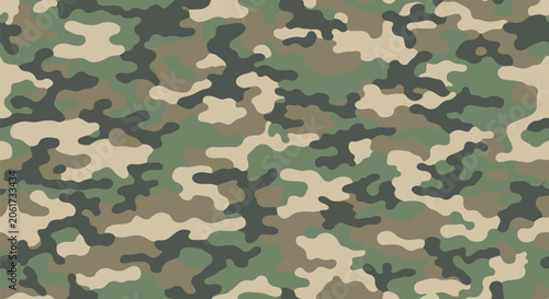 Seamless military camouflage pattern using shades of green brown tan and black for tactical clothing and outdoor gear textures.