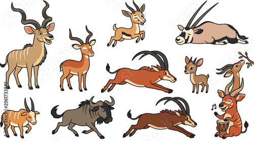 Fotografie Cute cartoon African antelope character set featuring kudu gazelle oryx wildebee