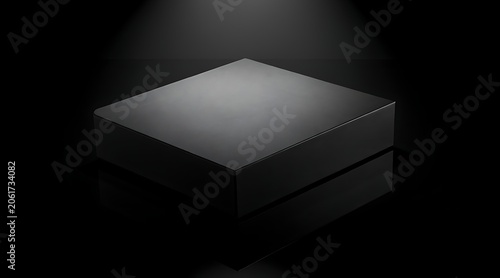 Minimalist dark square pedestal with spotlight on black background.