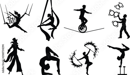 Fényképezés Circus and acrobat performance black vector silhouette icons set featuring trape