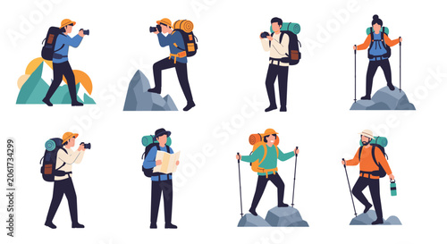 Diverse group of hikers and mountain climbers with backpacks and equipment exploring nature and taking photos in various outdoor poses.
