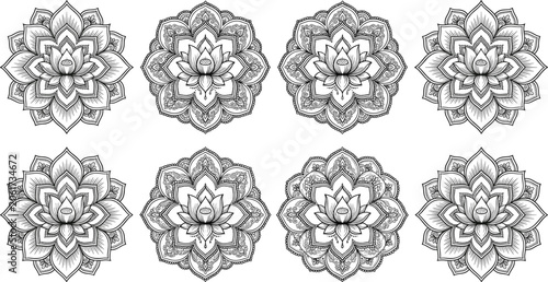 Photography Set of ornate lotus flower mandalas in black ink sketch style for spiritual desi