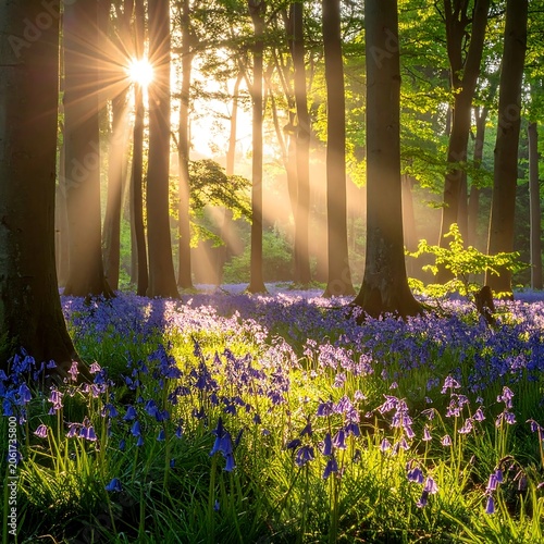 A serene forest scene with sunlight filtering through trees, casting dappled shadows on purple flowers and lush green undergrowth