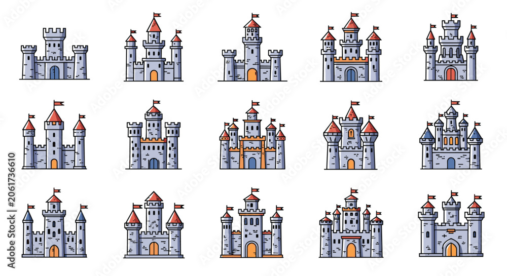 Fototapeta premium Set of pixel art medieval castle icons with stone walls and colorful flags for retro game interface design.