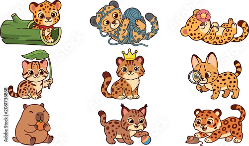 Canvas Print Cute cartoon baby wild cat character set featuring leopard jaguar cubs lynx serv