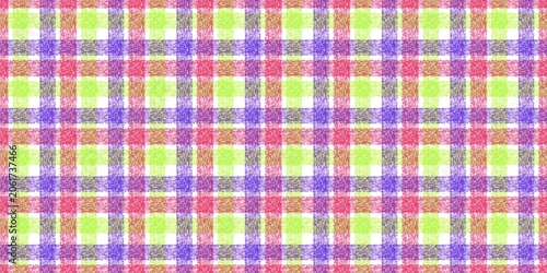 Seamless vibrant plaid pattern with a textured, colorful hand-drawn crayon effect. Bright red, purple, and neon lime green intersecting lines form a cheerful gingham check background on white.