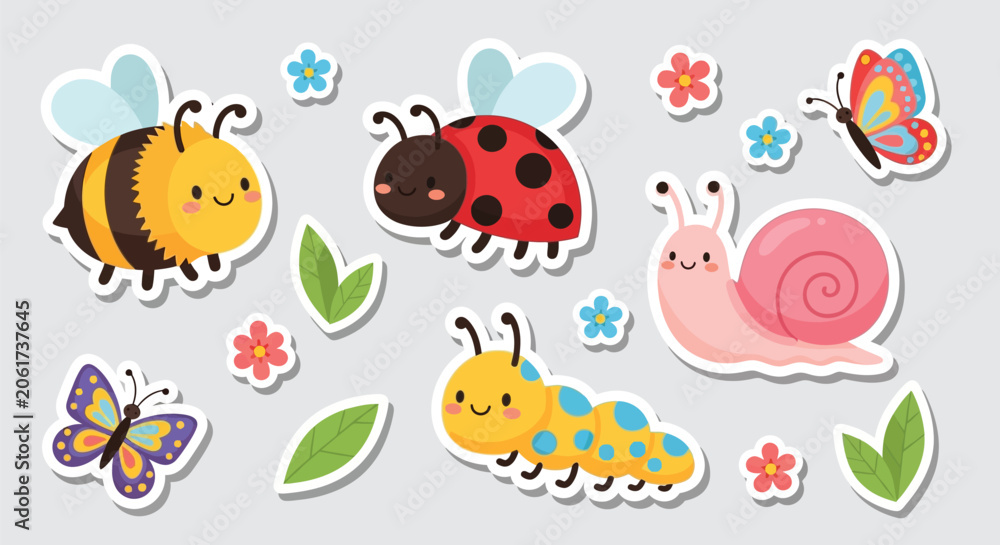 Obraz premium Colorful cartoon garden bugs and butterflies set