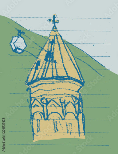 Hand-drawn vector illustration of a Georgian Orthodox church tower with a cross and cable car against a mountain backdrop. Textured sketch combining Christian heritage, architecture —mountain tourism