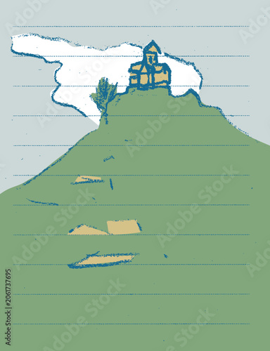 Hand-drawn vector illustration of a Georgian Orthodox church on a hilltop. Minimal landscape sketch featuring historic Christian architecture, mountain scenery and cultural heritage in a textured penc