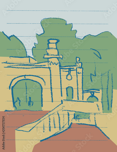 Hand-drawn vector illustration of cozy historic street with classical and baroque architecture. Architectural sketch arches, stairway, lanterns and old town buildings in textured pencil style.
