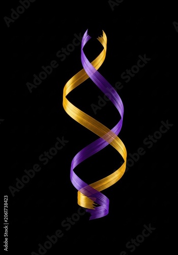 Vibrating silk ribbons dance through a dark void, creating luminous waves of violet and gold that twist into elegant, weightless spirals, glowing, curves, ripples