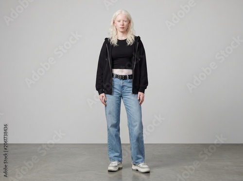 Young Albino Fashion Model Wearing Modern Y2K with a black hoodie and jeans standing against a neutral background, showcasing her unique features