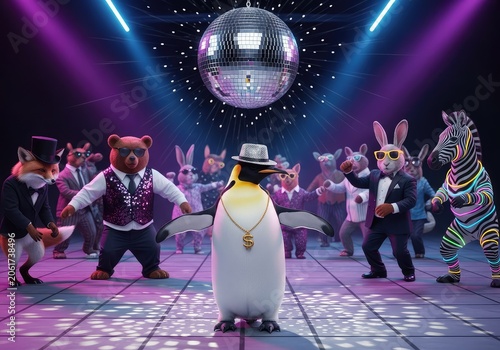 A joyful emperor penguin bustles on a crowded dance floor under a shimmering disco ball with vibrant purple and blue neon lights glowing bright, cute, bright, rhythm