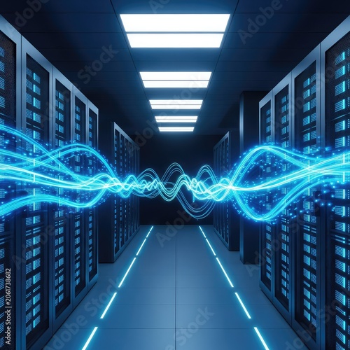 A futuristic data center corridor features glowing blue server racks and digital light trails flowing through an abstract dark hallway space, grid, virtual, neon