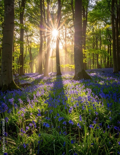 A serene forest scene with sunlight filtering through trees onto a field of purple flowers