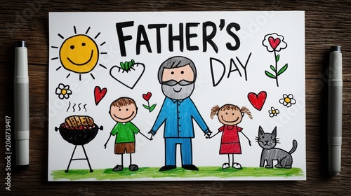 Child drawing Father's Day card with happy family and barbecue illustration