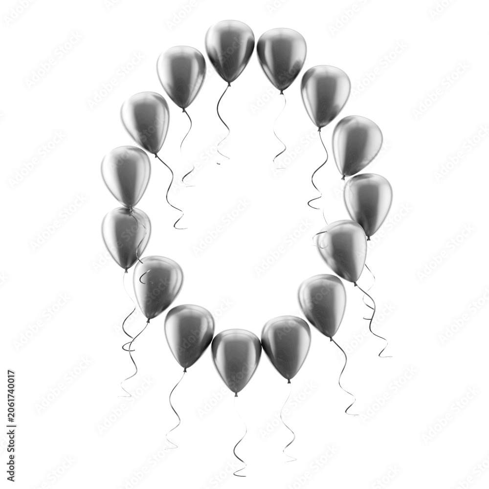 Fototapeta premium Globos dorados brillantes dispuestos en círculo formando el número 0 sobre fondo blanco. Decoración festiva con letras para cumpleaños y eventos.