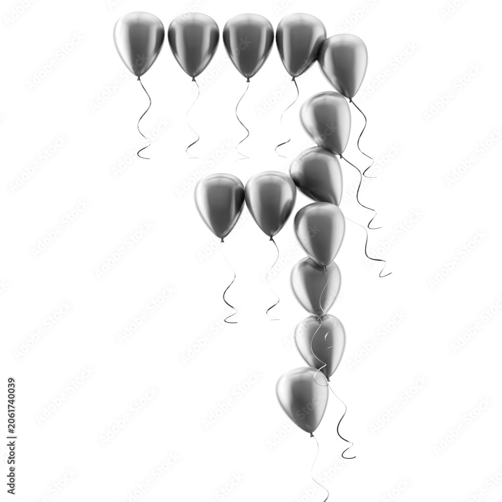 Fototapeta premium Globo plateado brillante con el número siete aislado sobre fondo blanco; ideal para la celebración del séptimo cumpleaños y aniversario, tanto para eventos como para tarjetas de felicitación.