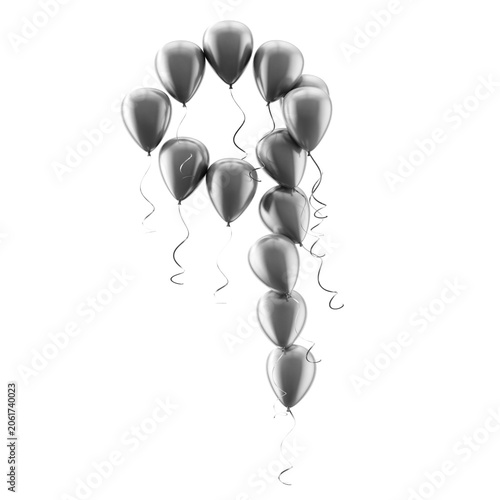 Globo plateado brillante con el número nueve, aislado sobre fondo blanco; ideal para la celebración del noveno cumpleaños o aniversario, tanto para eventos como para tarjetas de felicitación.