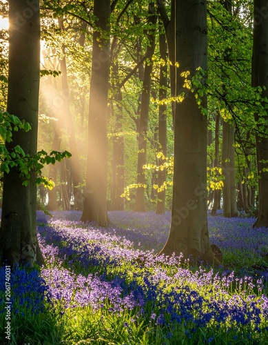 A serene forest scene with sunlit trees and vibrant blue flowers