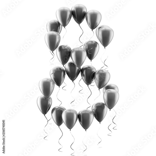 Globo plateado brillante con el número ocho aislado sobre fondo blanco; ideal para la celebración del octavo cumpleaños o aniversario, tanto para eventos como para tarjetas de felicitación.